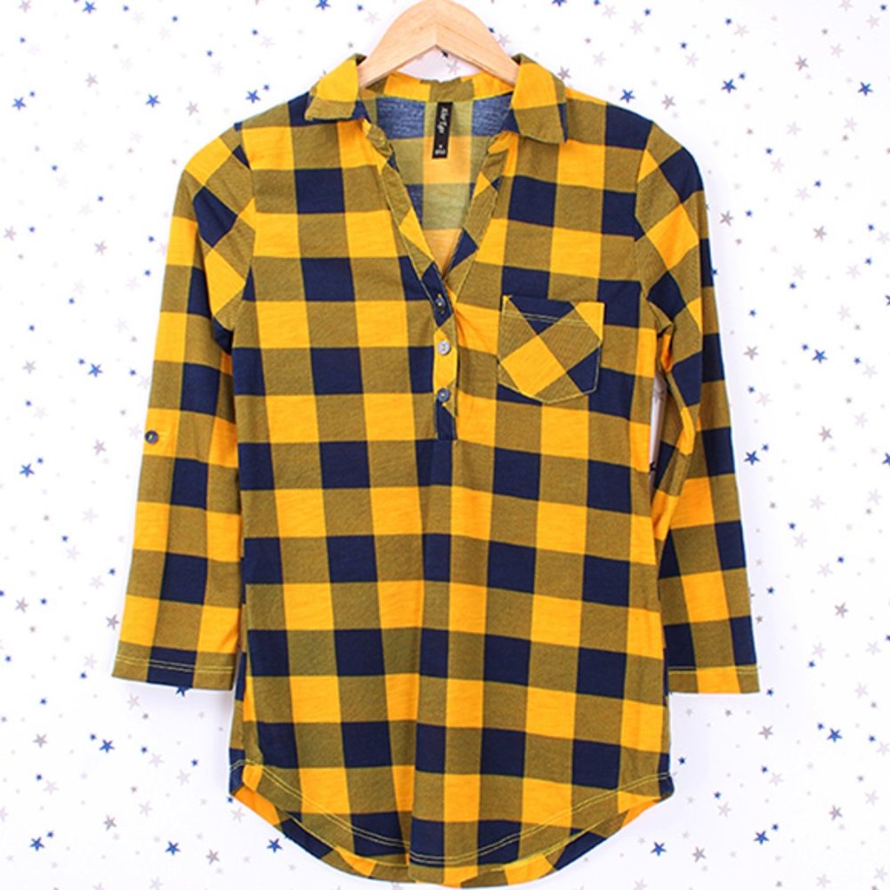 3/4 Sleeve Henley Knit Plaid Shirt Top Mustard / Navy
